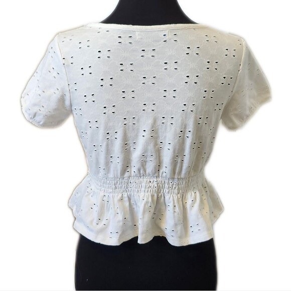 Arizona Scoop Neck White Eyelet Cropped Peplum Blouse, Puff Sleeves, S - Picture 3 of 6